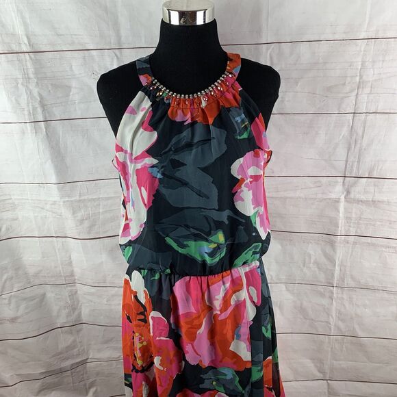 MSK Dress Floral Midi Party Wedding high-low Jeweled 8 M Kaftan lined elastic - Picture 15 of 16